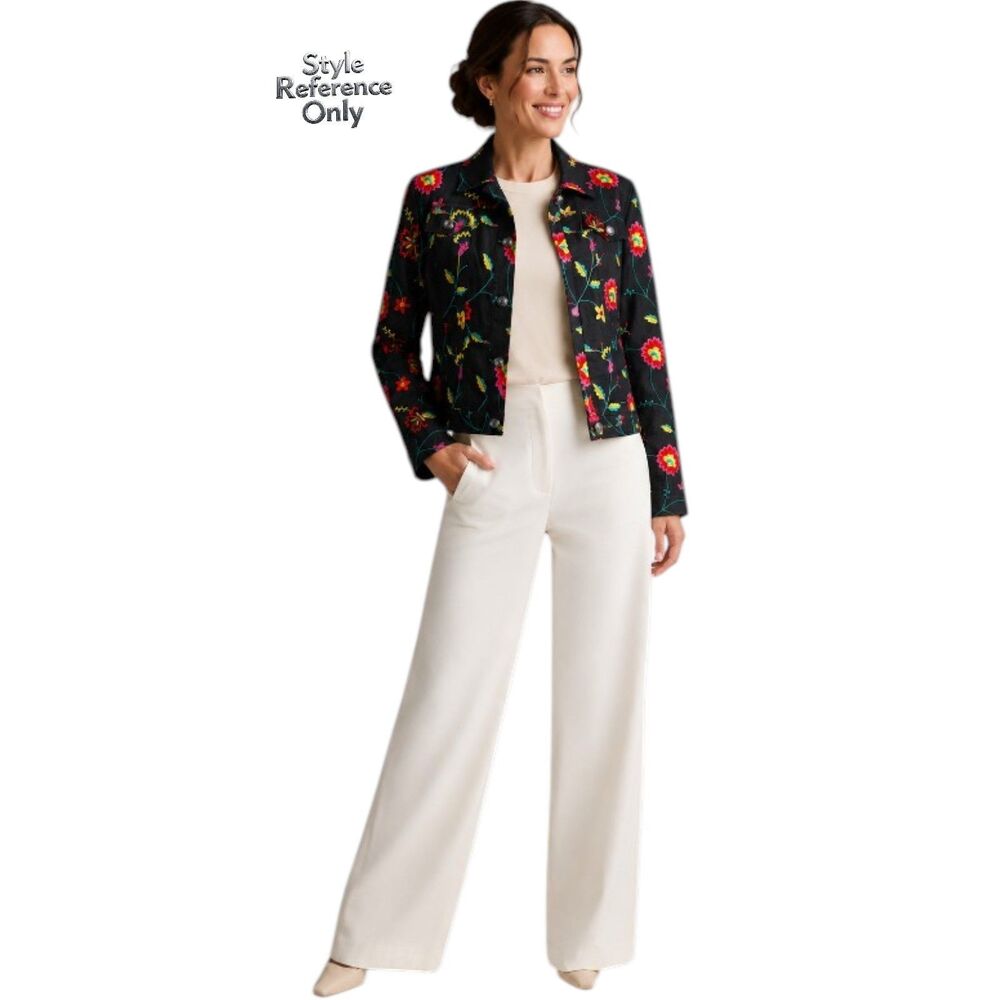 St. John Statement Floral Embroidered Cropped Denim Jacket Size 8 Black